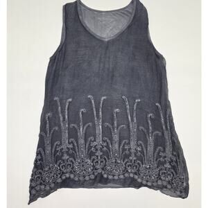 Soft Surroundings Embroidered Sheer Silk Tunic Top Silver Grey Sequin Medium